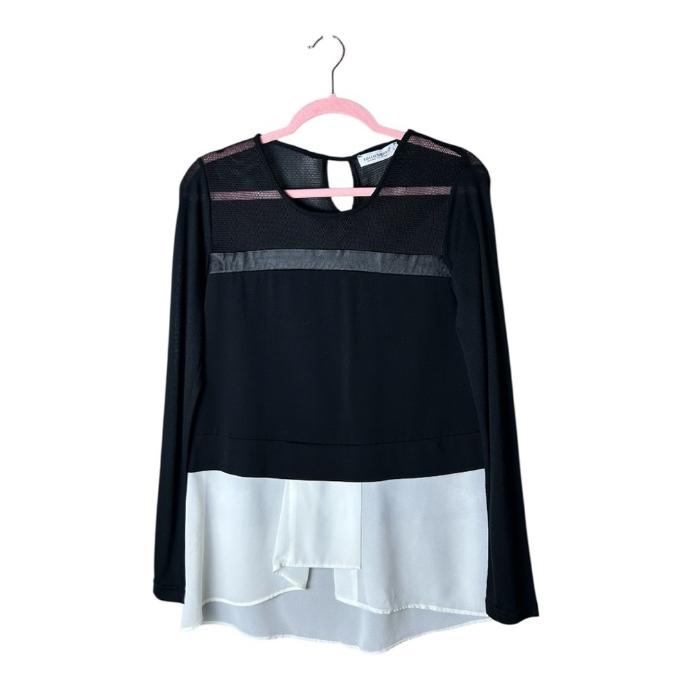 Rinascimento Black & White Colorblock Blouse – Sheer Panel Long Sleeve Top Sz L